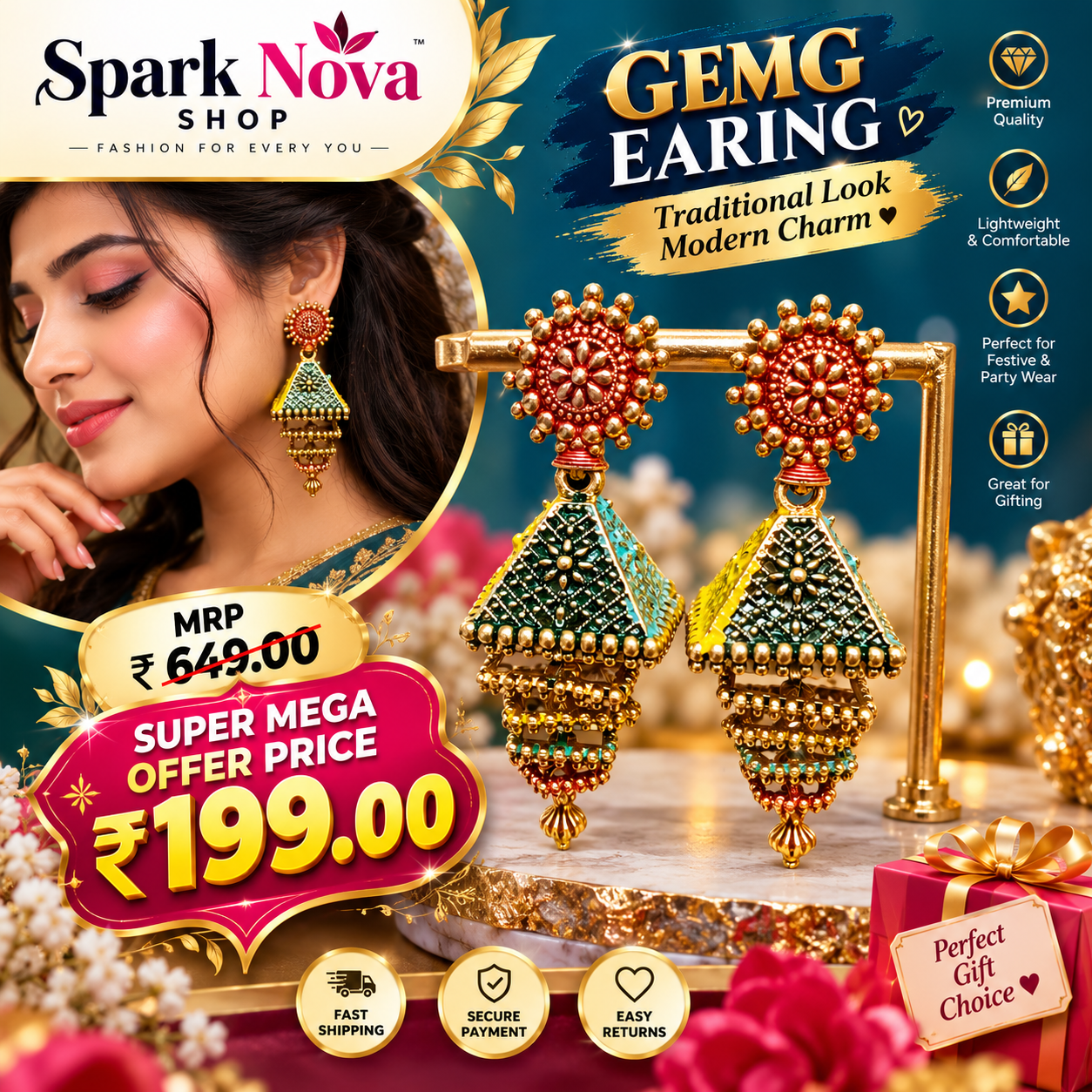Spark Nova Royal Peacock-Style Jhumka Earrings