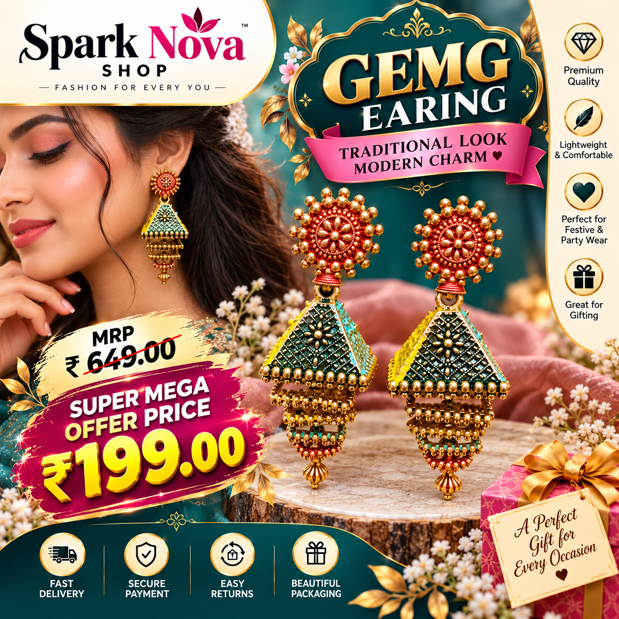 Spark Nova Royal Peacock-Style Jhumka Earrings