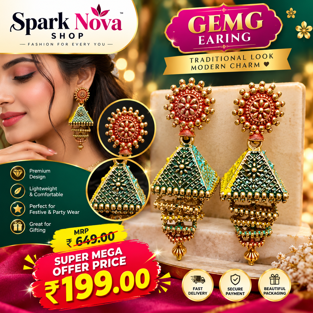 Spark Nova Royal Peacock-Style Jhumka Earrings