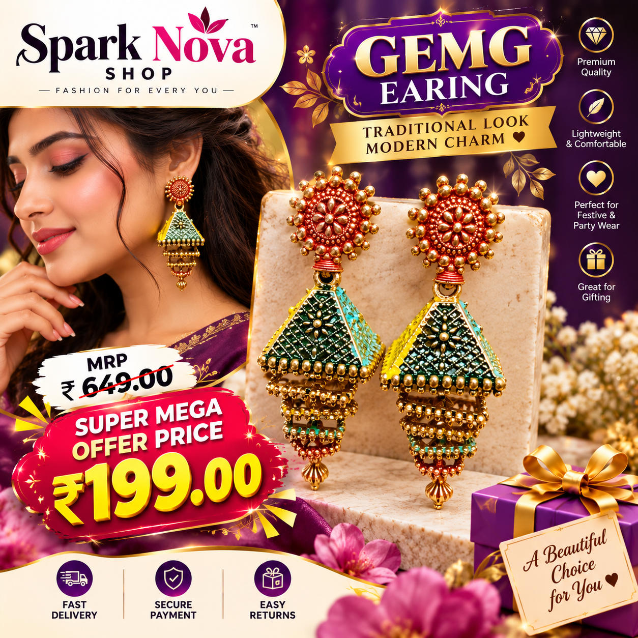 Spark Nova Royal Peacock-Style Jhumka Earrings