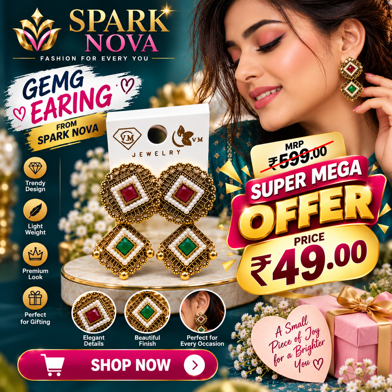 Royal Antique Kundan-Style Red & Green Gemstone Drop Earrings