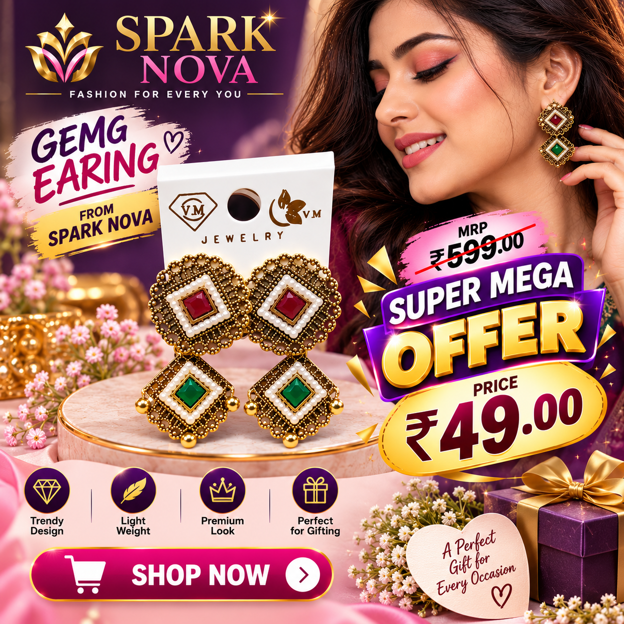 Royal Antique Kundan-Style Red & Green Gemstone Drop Earrings
