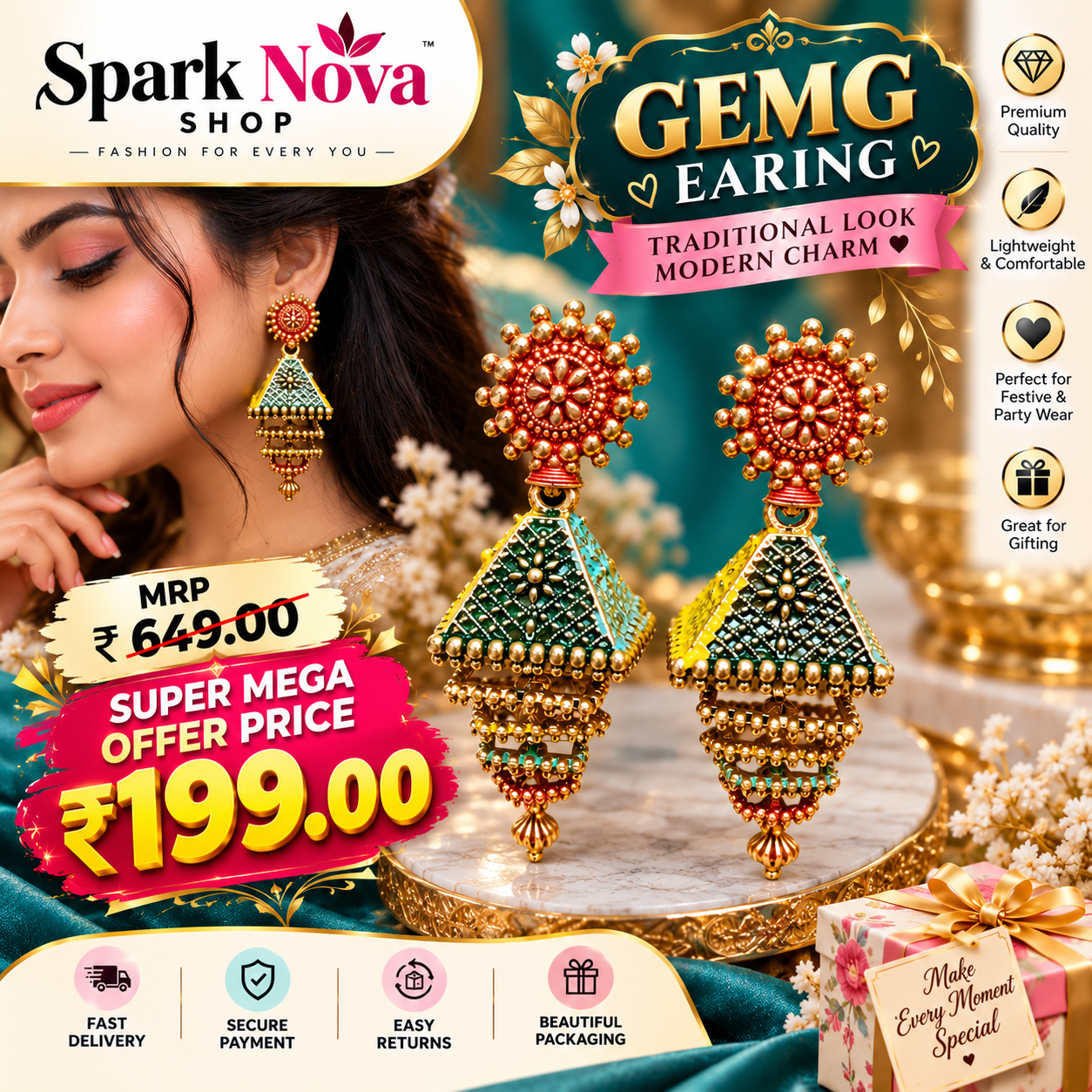 Spark Nova Royal Peacock-Style Jhumka Earrings