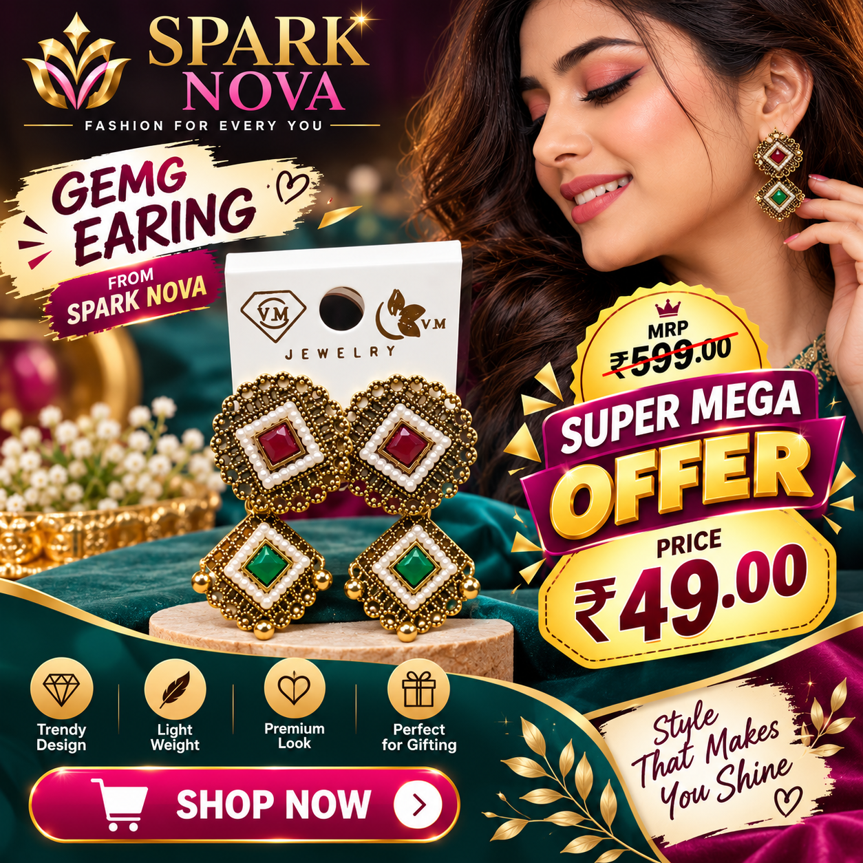 Royal Antique Kundan-Style Red & Green Gemstone Drop Earrings
